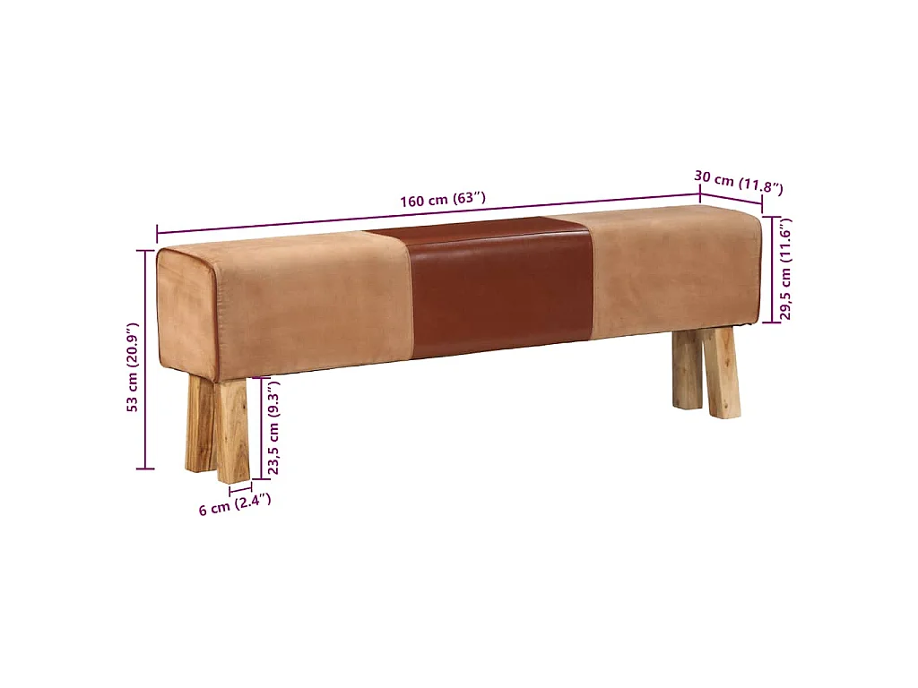 Banc saut de cheval 160 cm Marron Cuir véritable et bois acacia