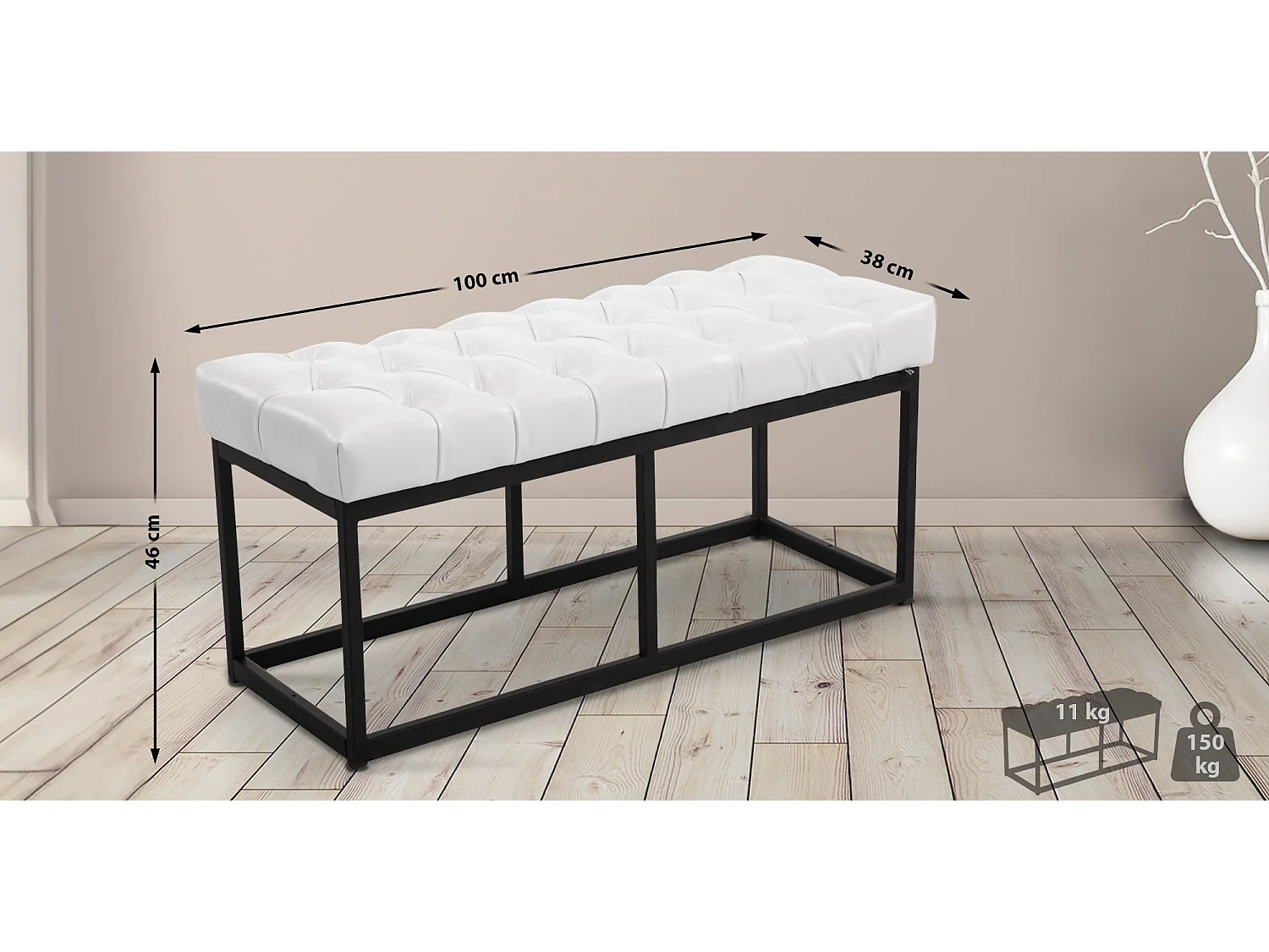 Banquette - Similicuir & Métal noir mat - Blanc - Amun