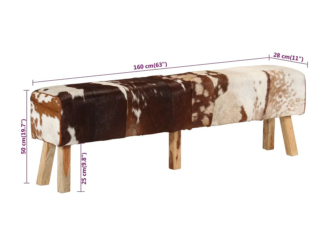 Banc marron et blanc 160x28x50 cm cuir de chèvre véritable