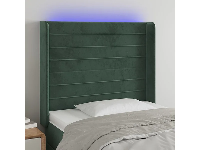 Cabeceira cama c/ luzes LED veludo 83x16x118/128cm verde-escuro