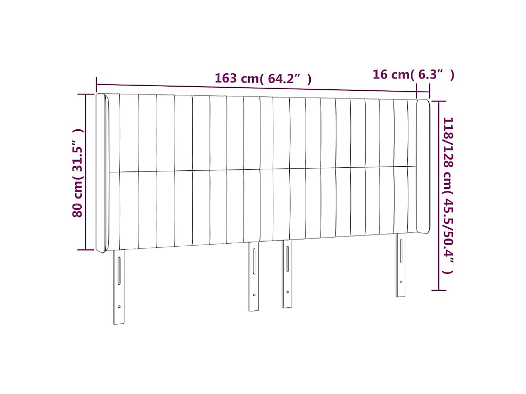 Hoofdbord met randen 163x16x118/128 cm stof crèmekleurig