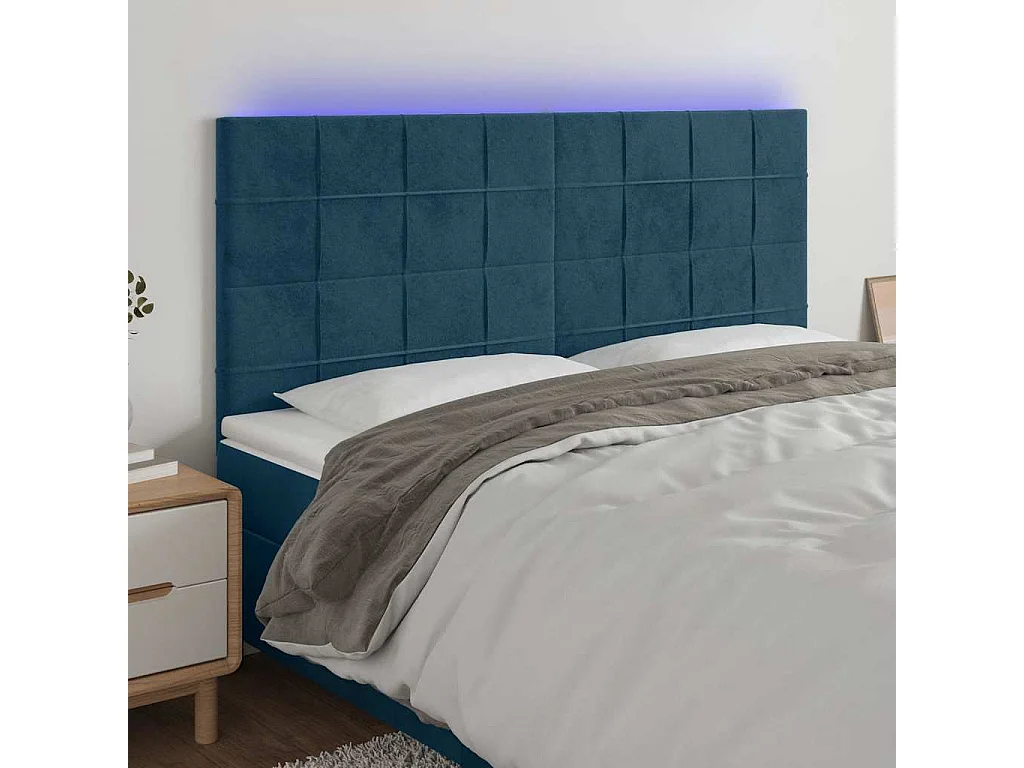 Cabeceira cama c/ luzes LED veludo 160x5x118/128cm azul-escuro