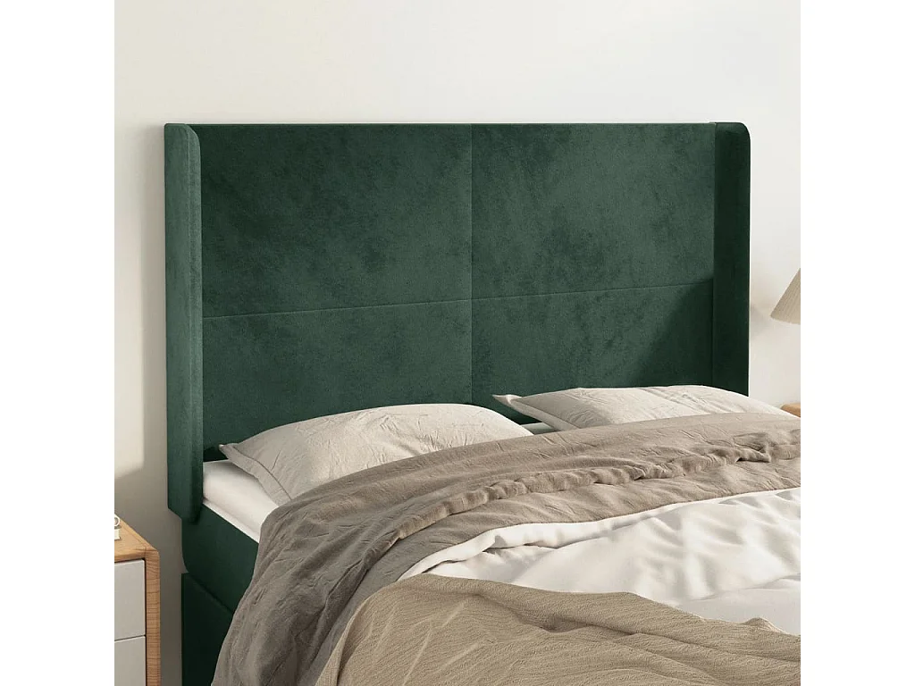 Cabeceira cama c/ abas veludo 147x16x118/128 cm verde-escuro