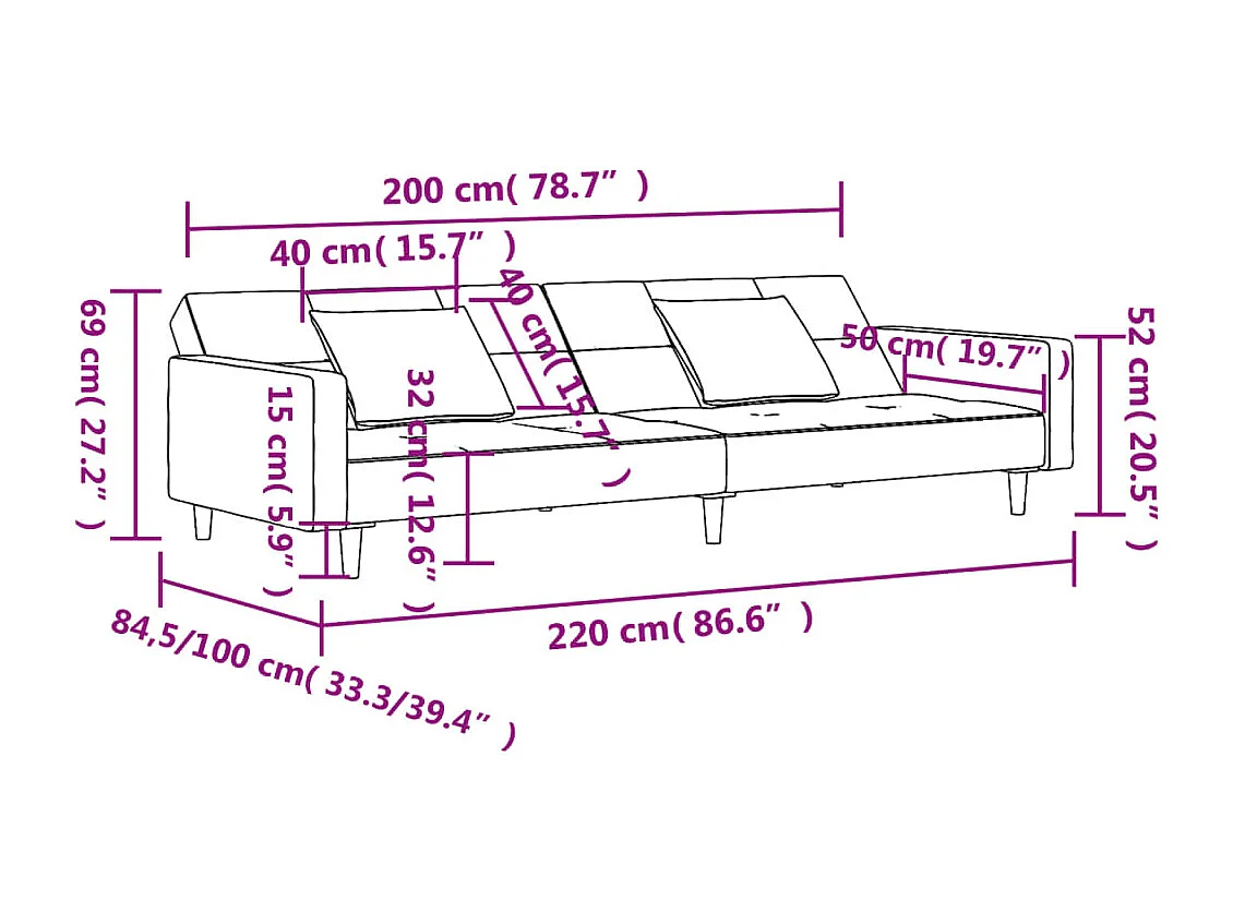 Sofá cama de 2 plazas con dos almohadas terciopelo gris oscuro