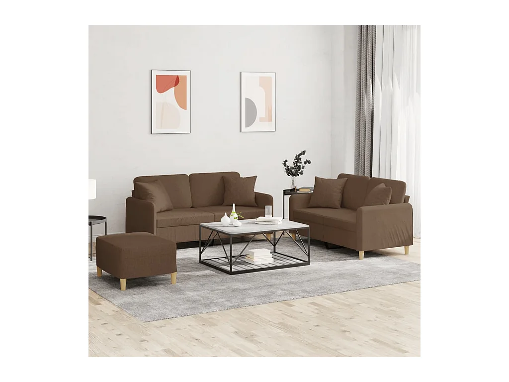 3-tlg. Sofagarnitur mit Kissen Braun Stoff