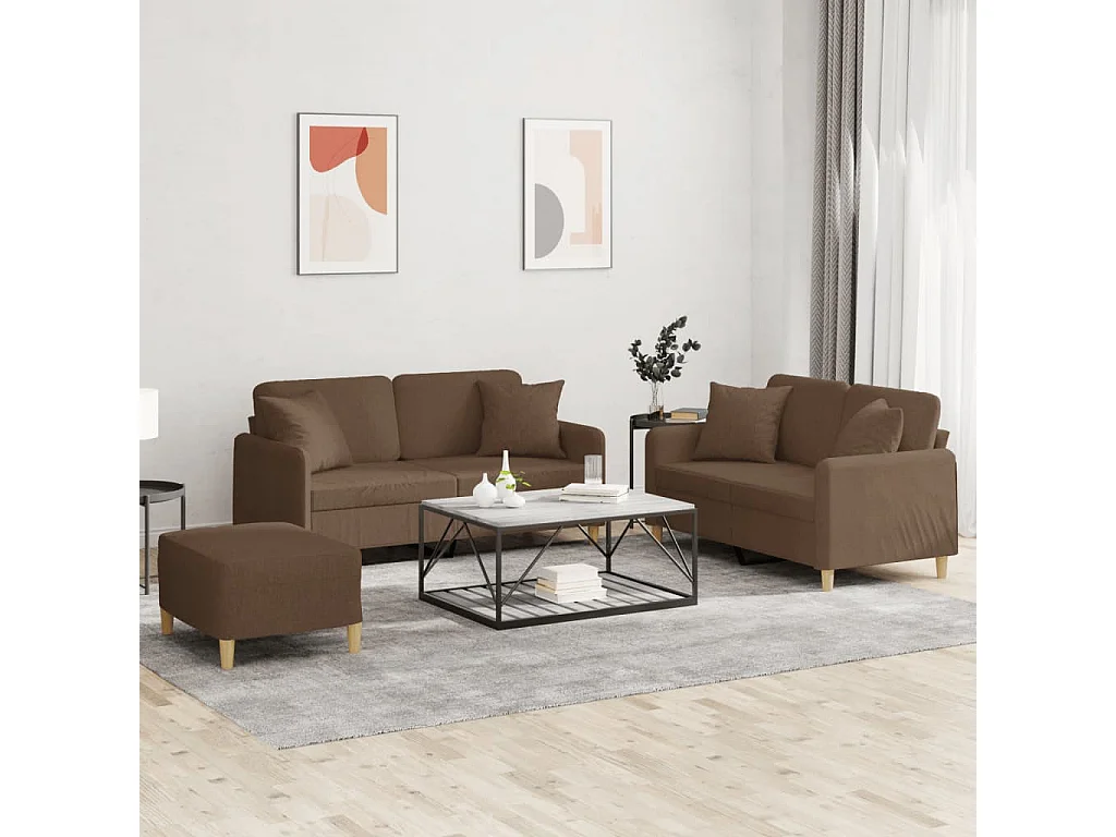 3-tlg. Sofagarnitur mit Kissen Braun Stoff