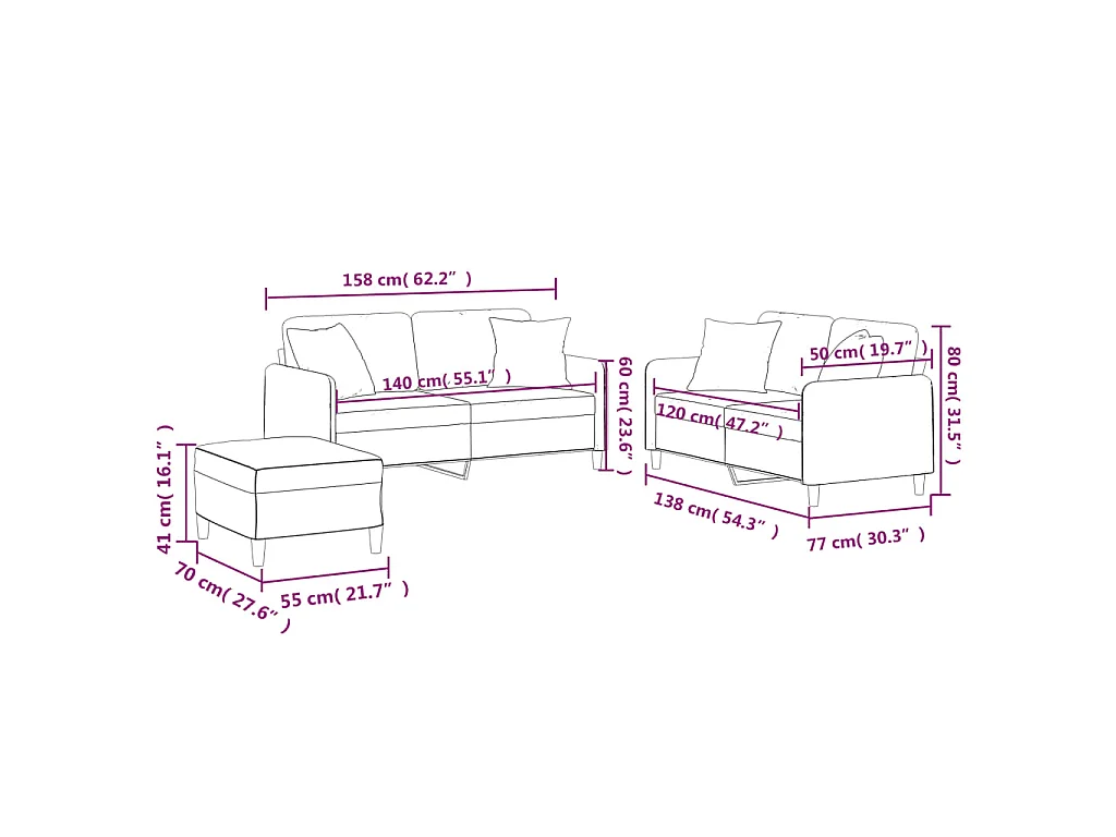 Ensemble de canapés 3 pcs avec coussins marron tissu