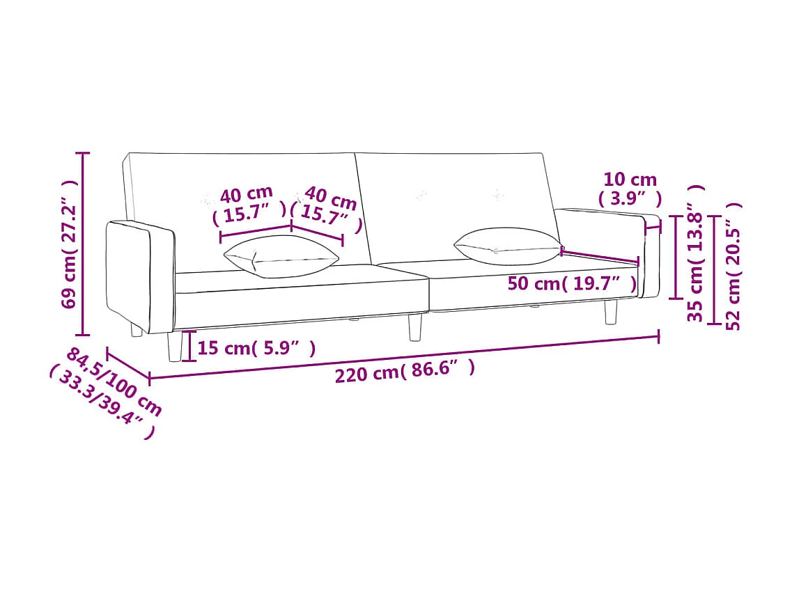 Schlafsofa 2-Sitzer mit 2 Kissen Creme Stoff