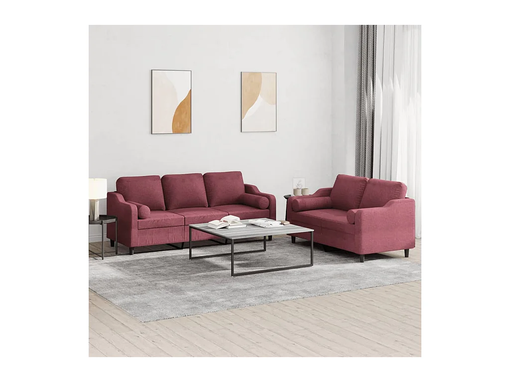 Ensemble de canapés 2 pcs avec coussins rouge bordeaux tissu