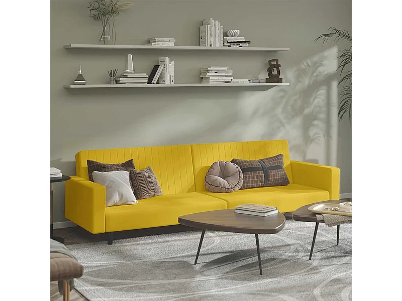 Rozkładana sofa dwuosobowa z żółtego aksamitu, przekształcana w podwójne łóżko, wygodna, rama z drewna, wszechstronna - 220 x 84,5 x 69 cm