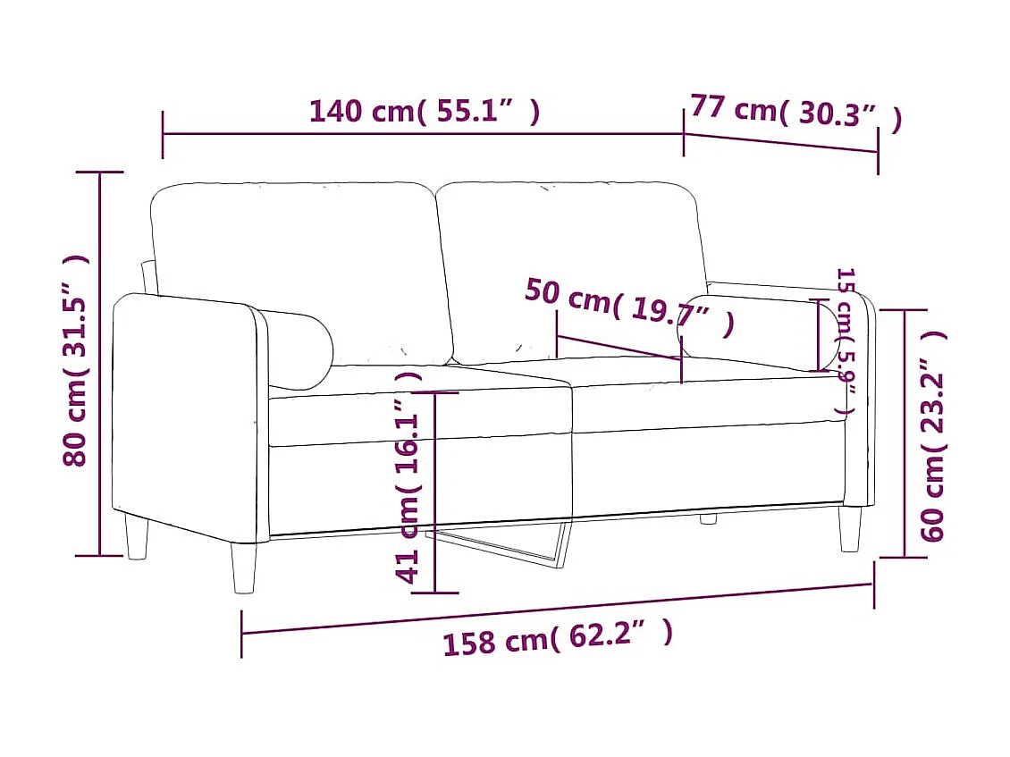 Canapé 2 places avec oreillers décoratifs brun 140 cm velours