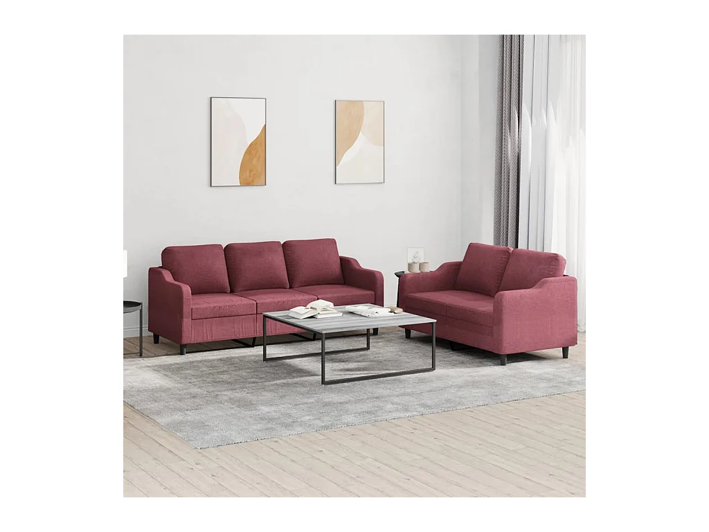 Set di Divani 2 pz con Cuscini Rosso Vino in Tessuto