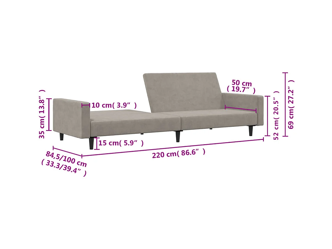 Slaapbank 2-zits fluweel lichtgrijs