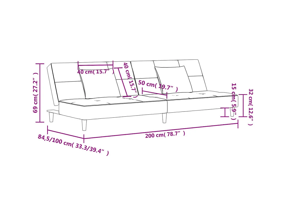 Canapé-lit à 2 places avec deux oreillers crème velours