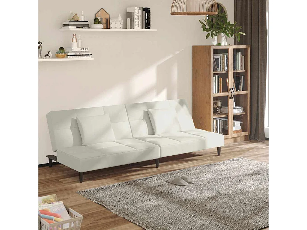 Canapé-lit à 2 places avec deux oreillers crème velours