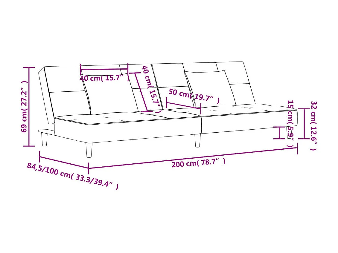 Schlafsofa 2-Sitzer mit 2 Kissen Schwarz Stoff