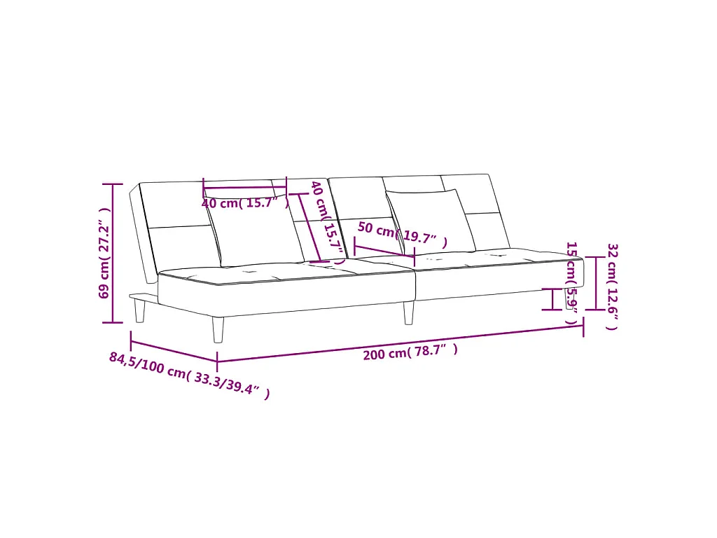 Divano Letto a 2 Posti con 2 Cuscini Nero in Tessuto