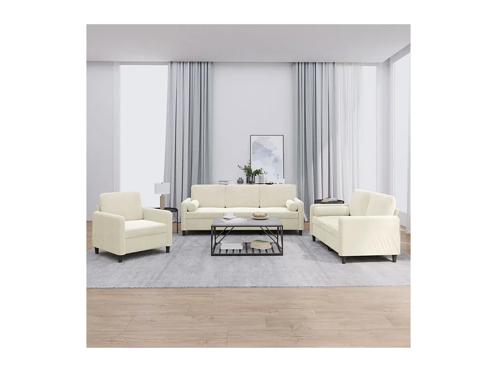 Set di Divani 3 pz con Cuscini Crema in Velluto