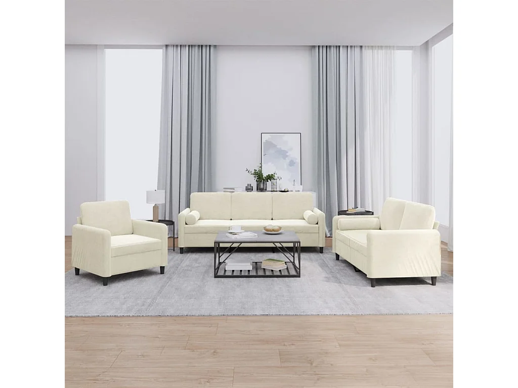 Set di Divani 3 pz con Cuscini Crema in Velluto