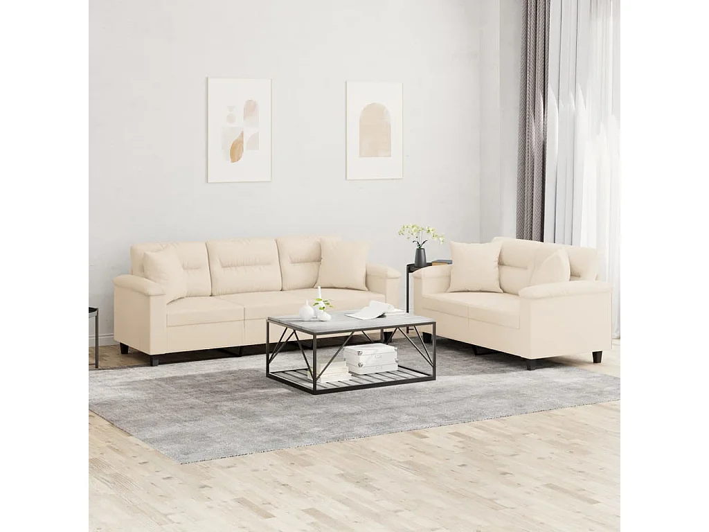2-tlg. Sofagarnitur mit Kissen Beige Mikrofasergewebe