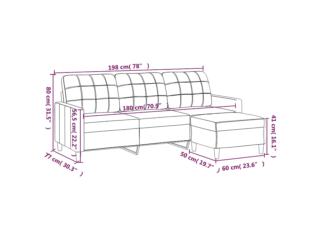 3-Sitzer-Sofa mit Hocker Braun 180 cm Stoff