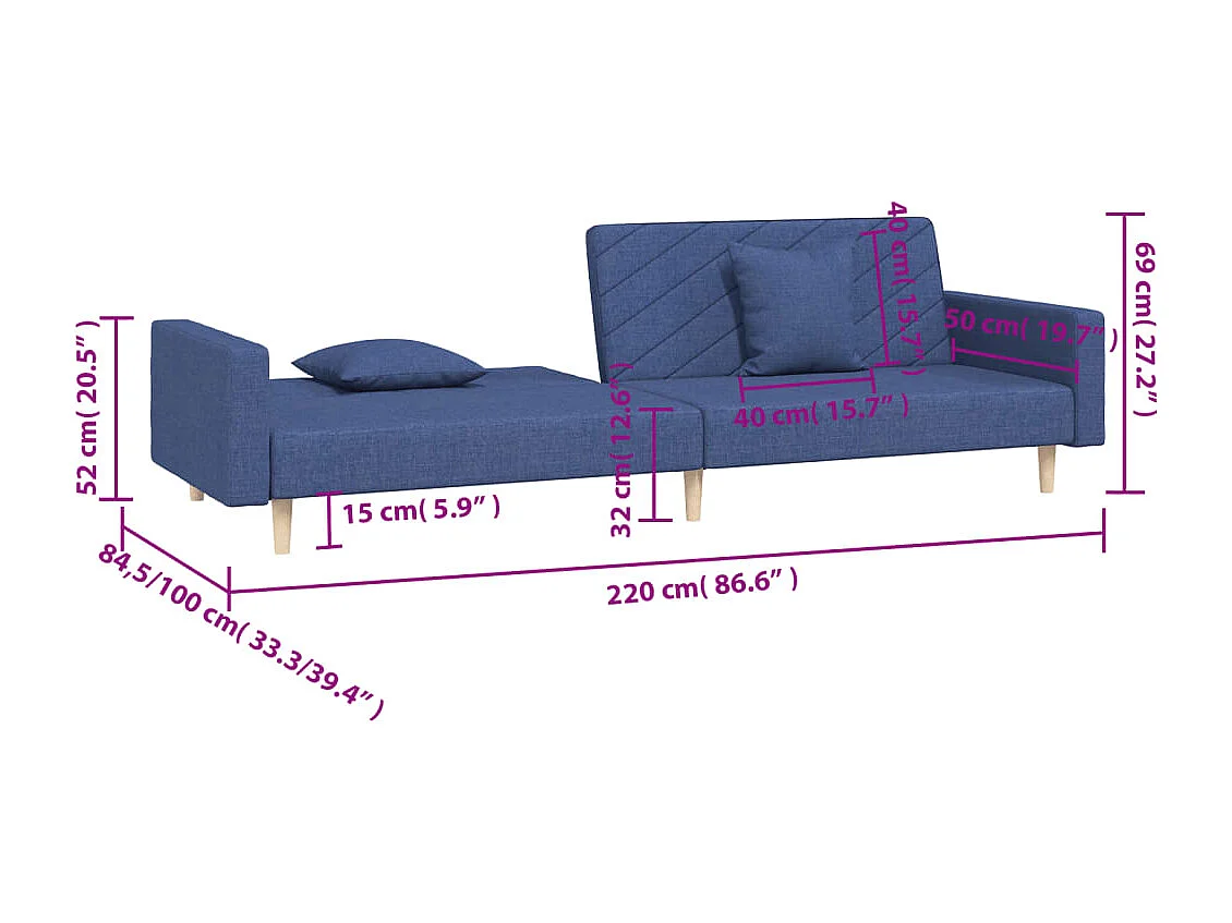 Slaapbank 2-zits met 2 kussens stof blauw