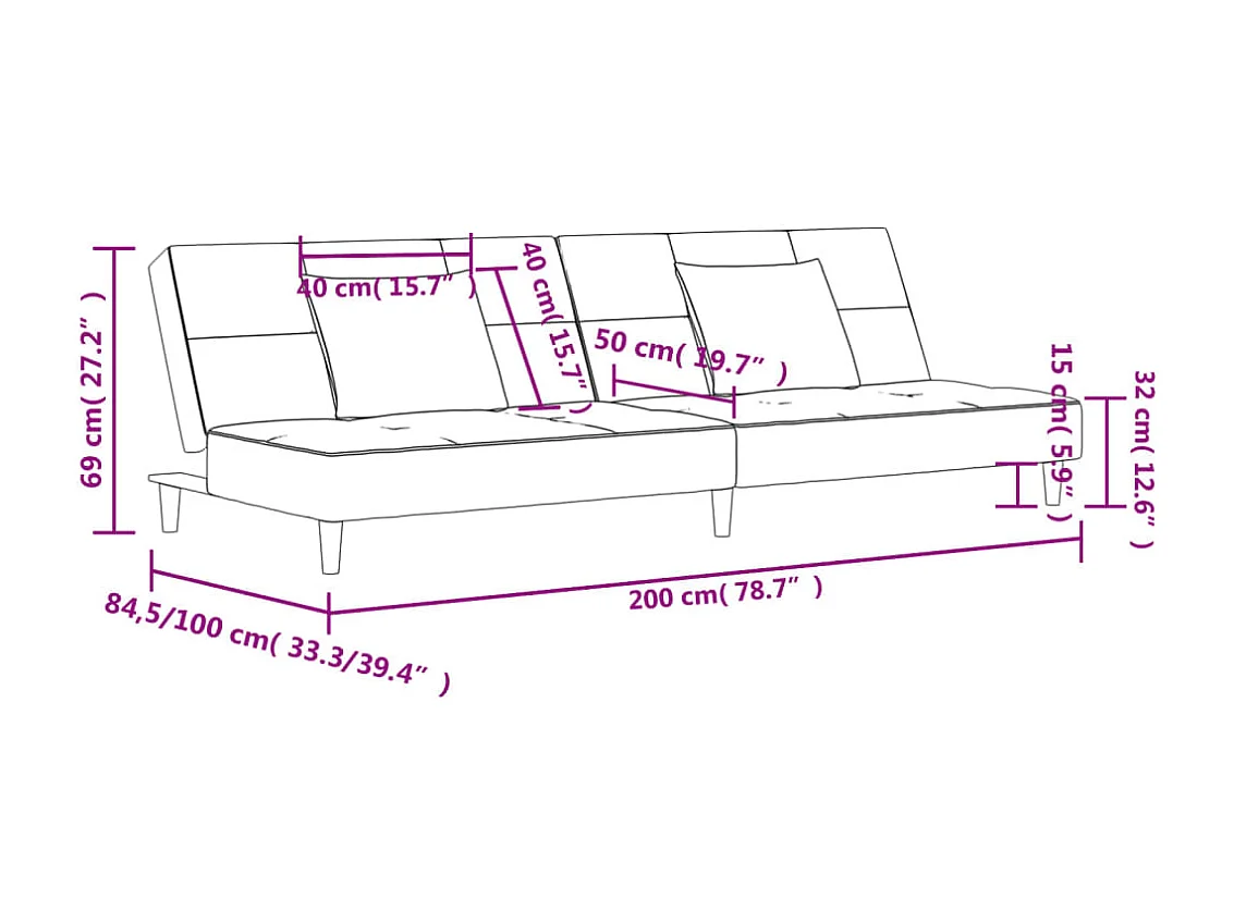 Canapé-lit à 2 places et deux oreillers Rouge bordeaux Velours