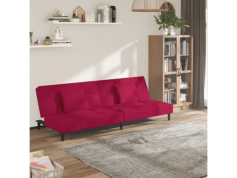 Sofá-cama 2 lugares com duas almofadas veludo vermelho tinto