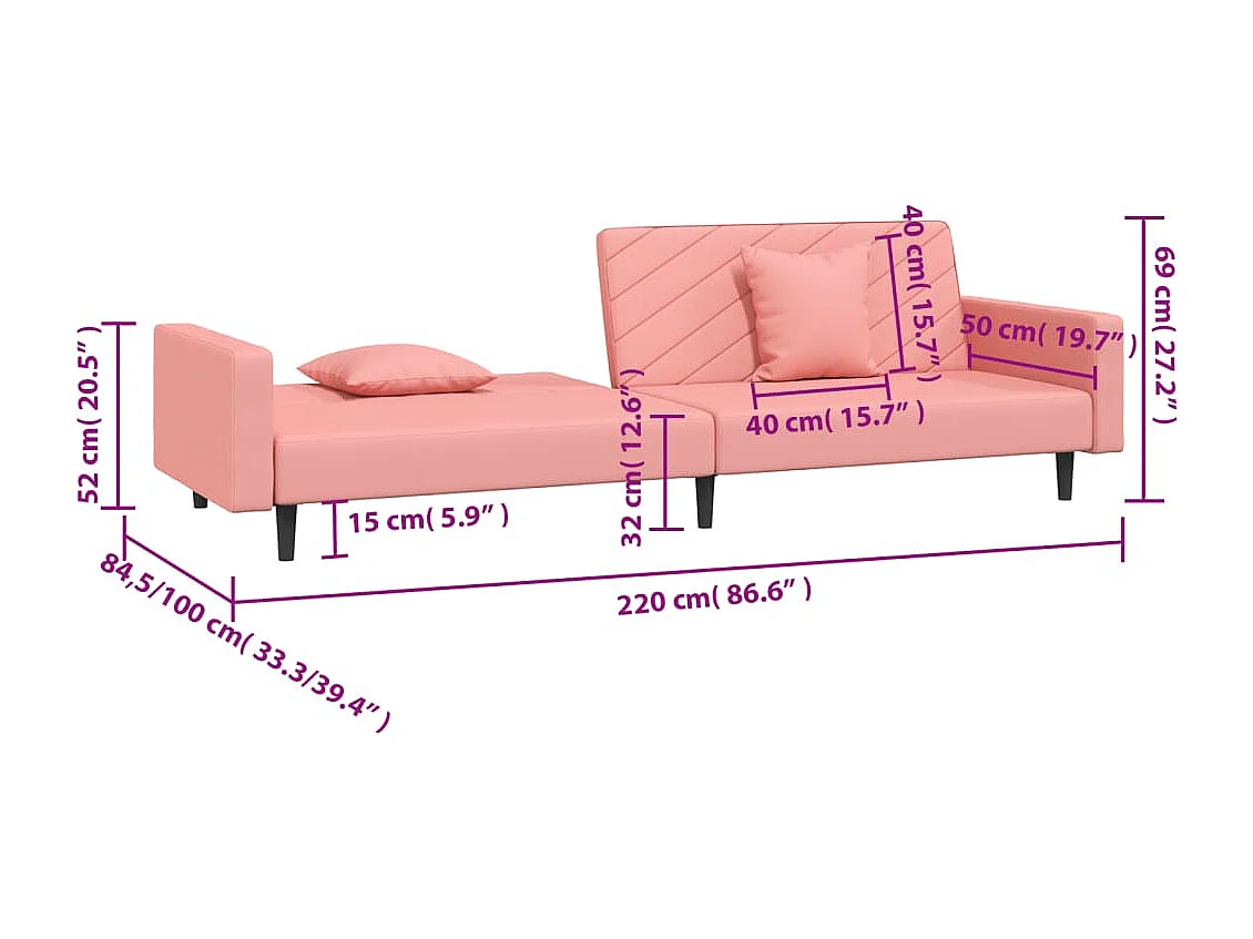 Slaapbank 2-zits met 2 kussens fluweel roze