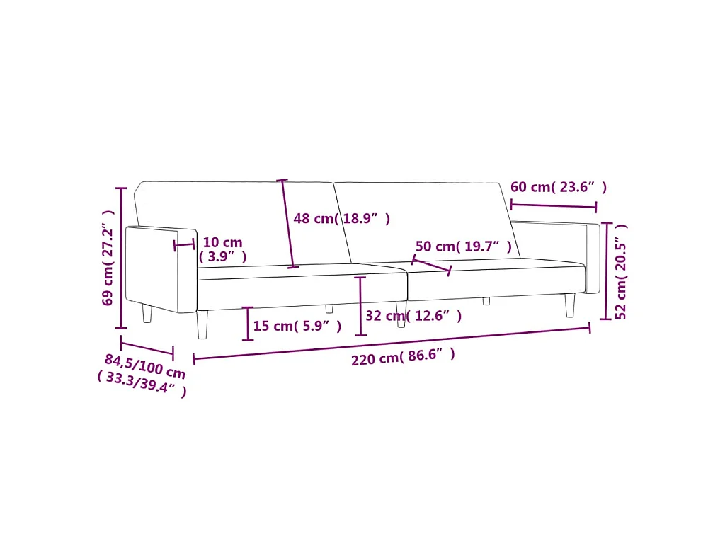 Sofá-cama de 2 lugares tecido preto