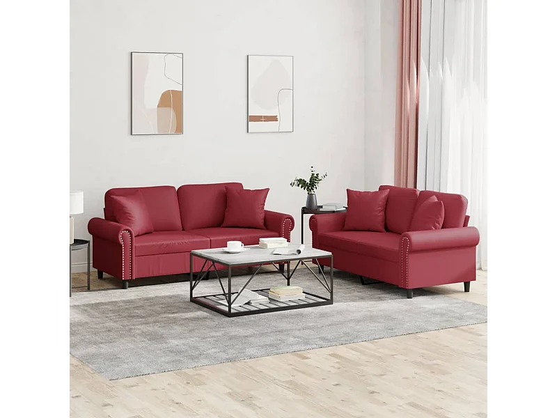 Set di Divani 2 pz con Cuscini Rosso Vino in Similpelle