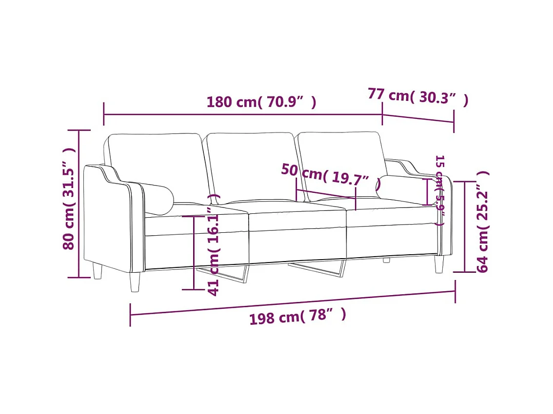 Canapé 3 places avec oreillers décoratifs crème 180 cm tissu