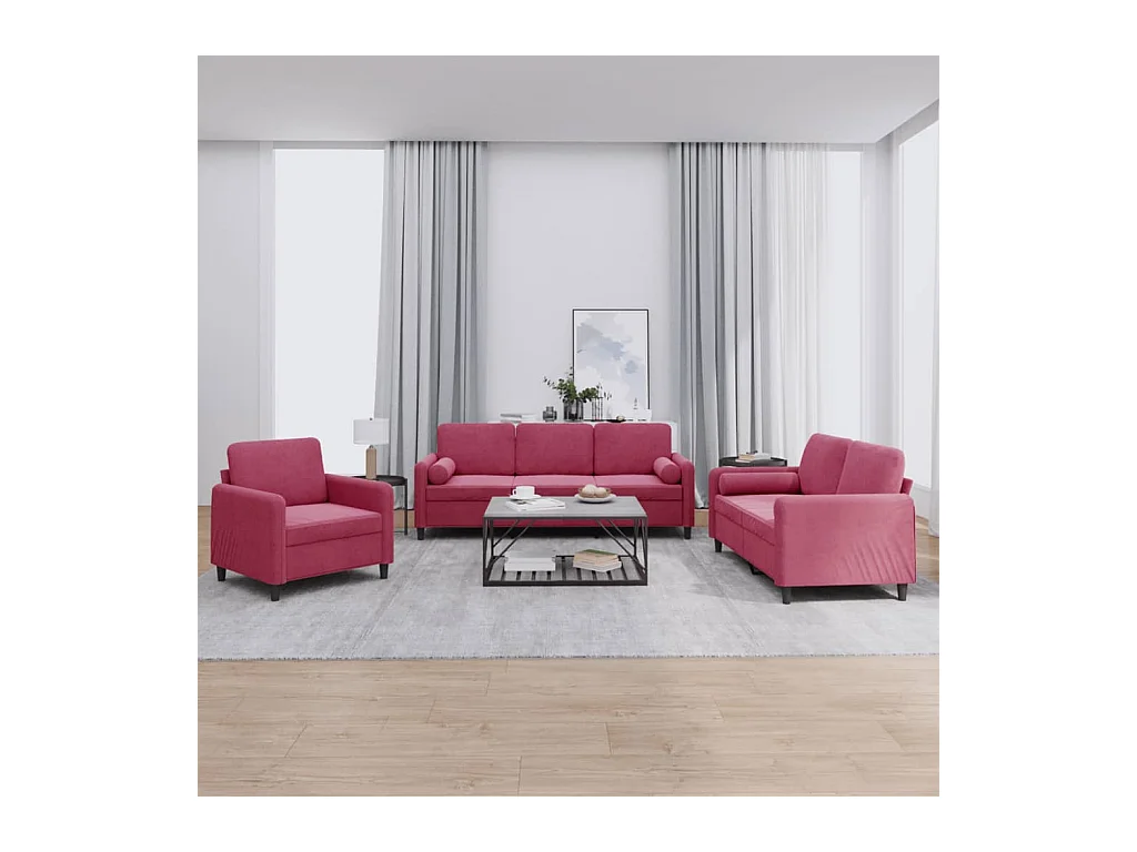 Ensemble de canapés 3 pcs avec coussins rouge bordeaux velours