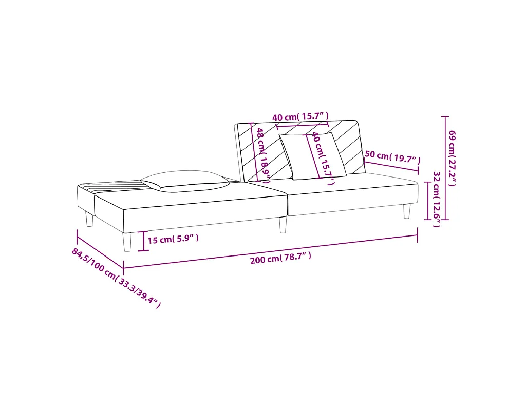 Divano Letto a 2 Posti con 2 Cuscini Nero in Velluto
