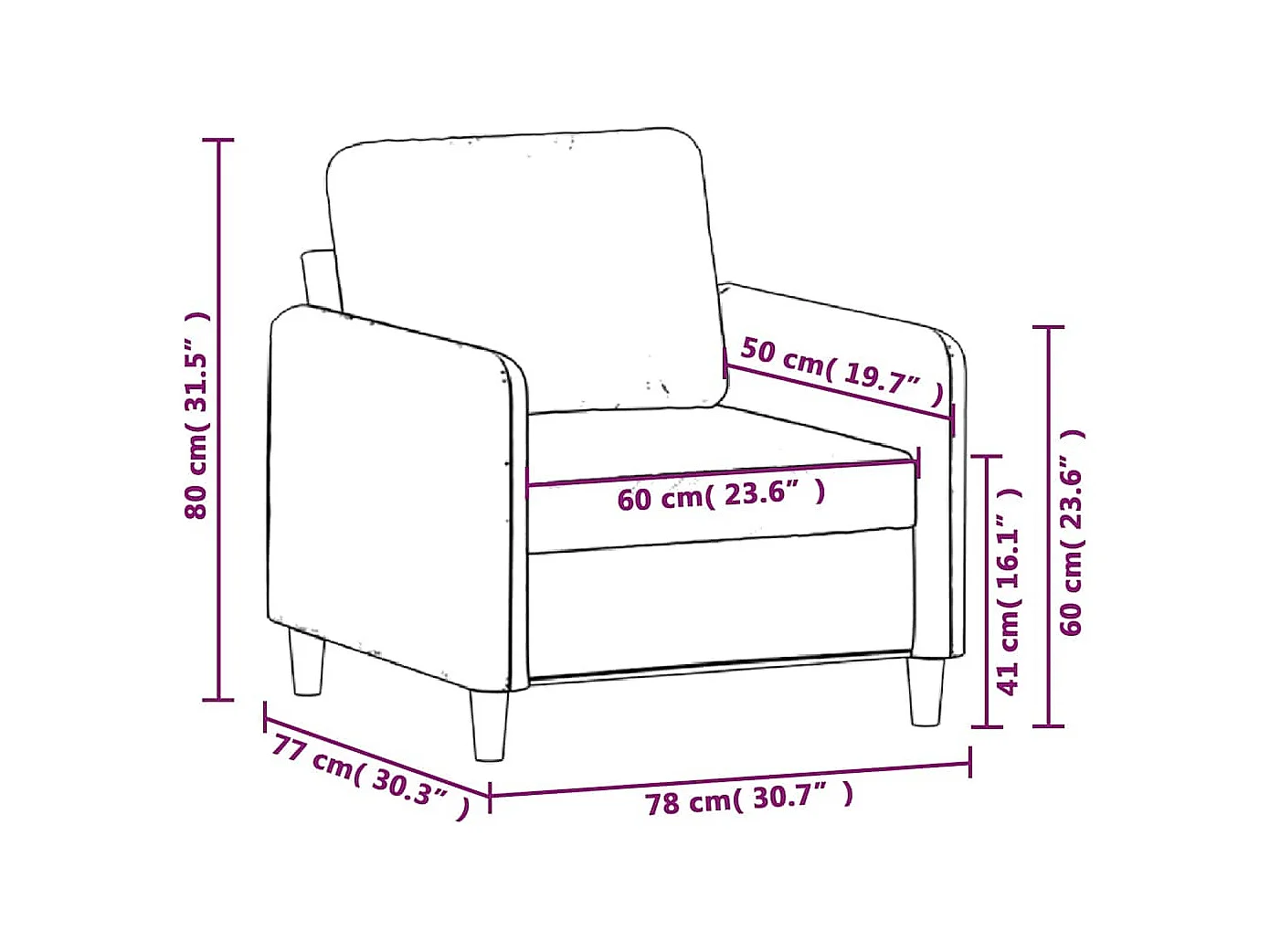 Fauteuil Rouge bordeaux 60 cm Velours