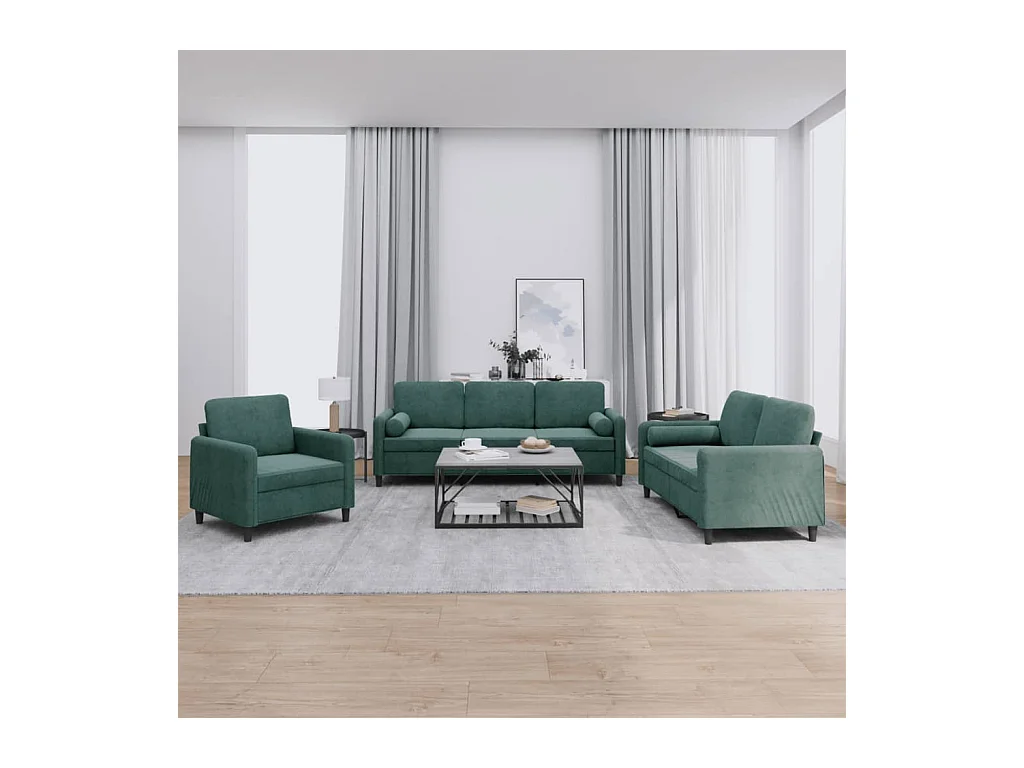 Ensemble de canapés 3 pcs avec coussins vert foncé velours
