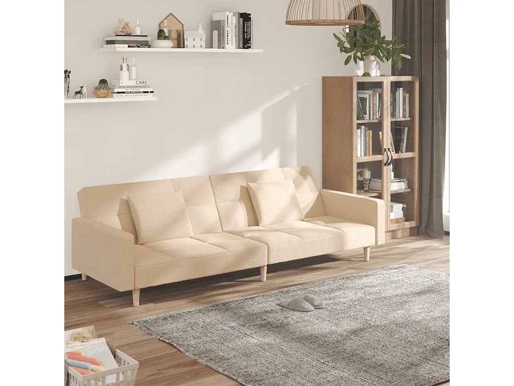 Canapé-lit à 2 places avec deux oreillers crème tissu