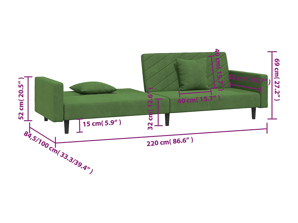 Canapé-lit à 2 places avec deux oreillers Vert foncé Velours