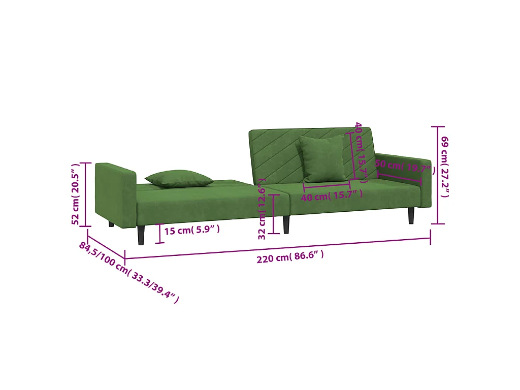 Canapé-lit à 2 places avec deux oreillers Vert foncé Velours