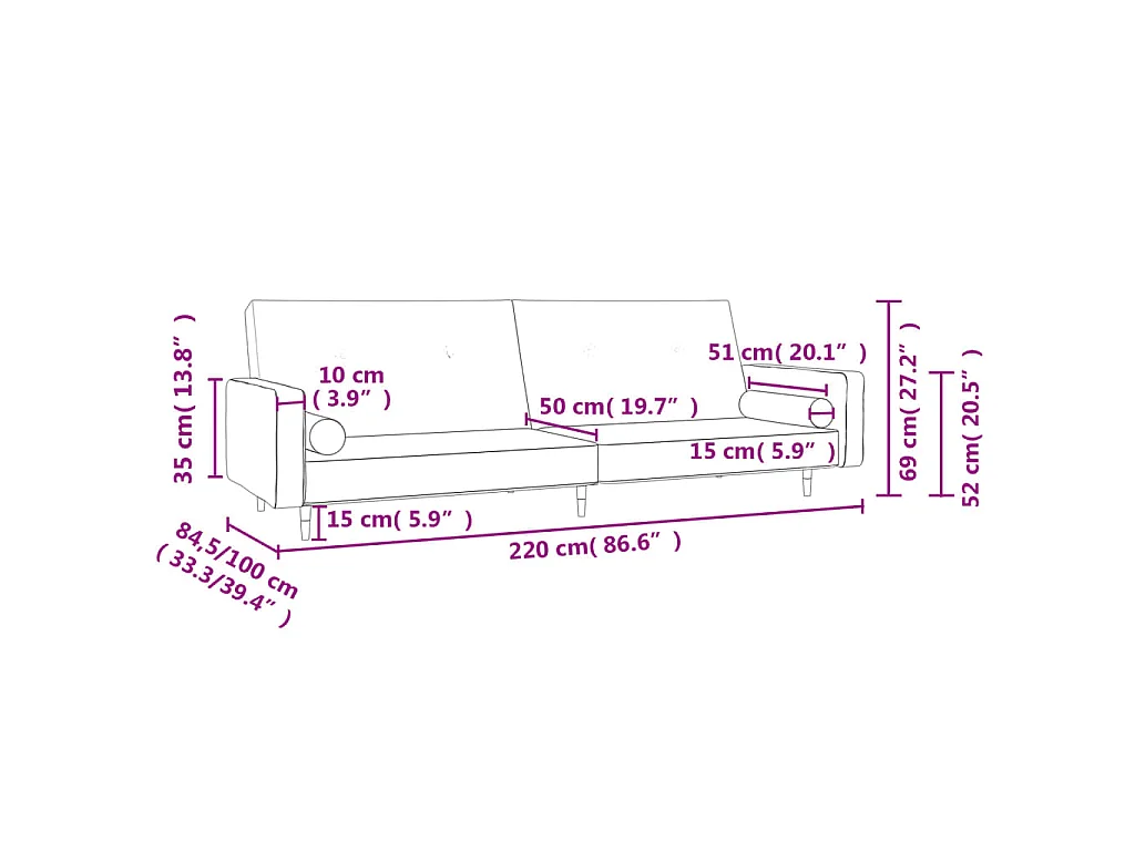 Slaapbank 2-zits met 2 kussens fluweel lichtgrijs