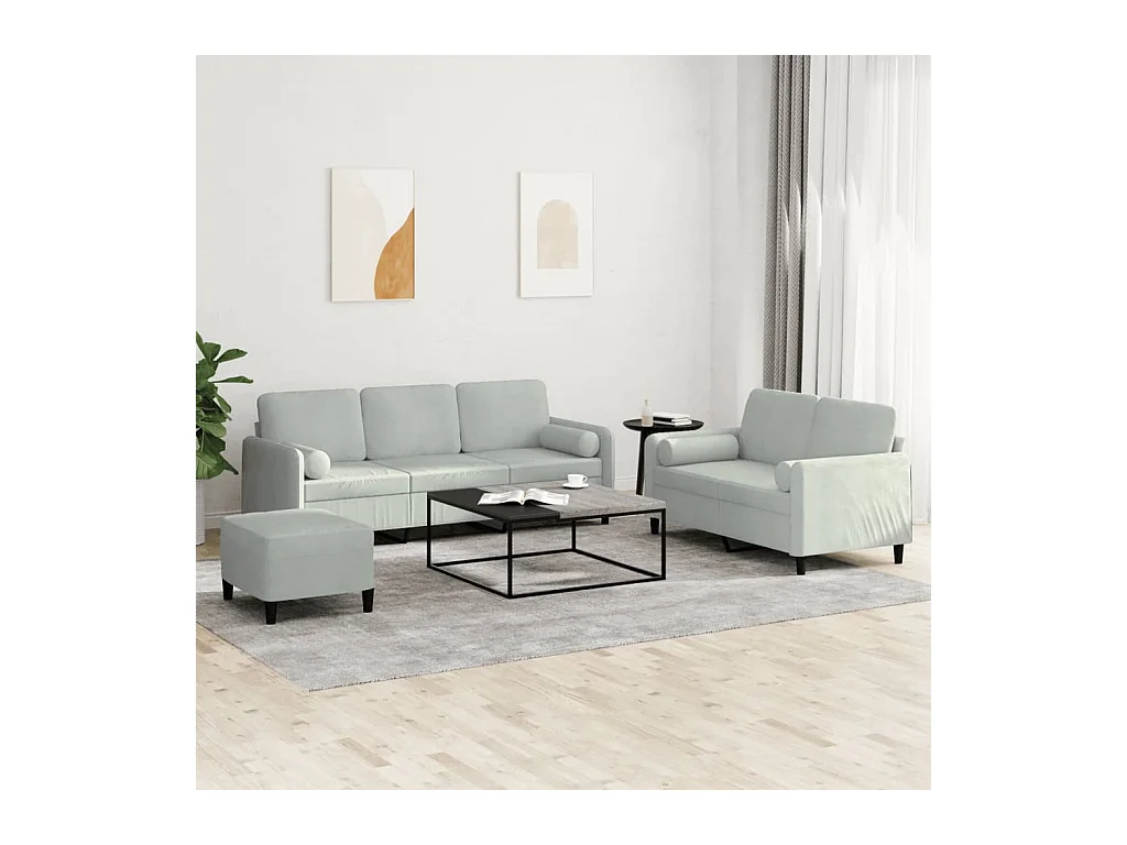Ensemble de canapés 3 pcs avec coussins gris clair velours