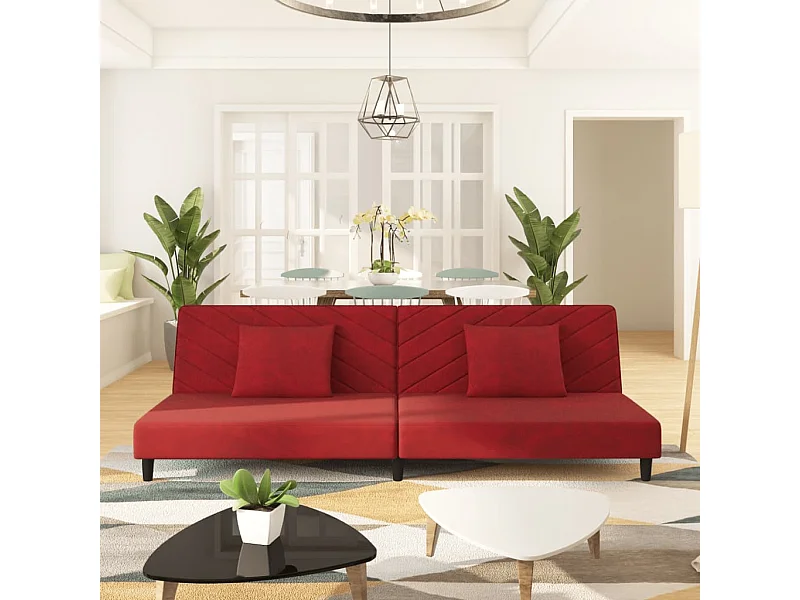 Sofá cama de 2 plazas con dos almohadas terciopelo rojo tinto