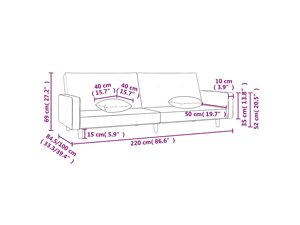 Canapé-lit à 2 places avec deux oreillers Gris foncé Tissu