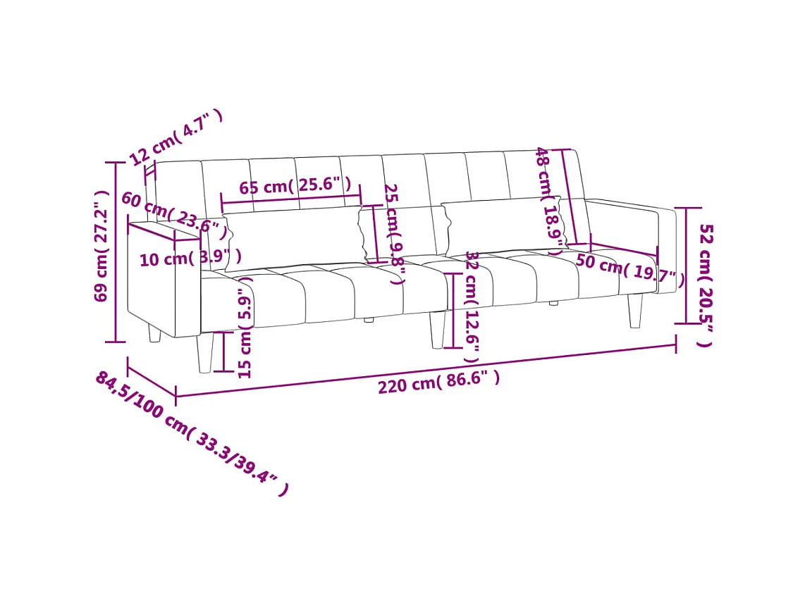Sofá cama de 2 plazas con dos almohadas terciopelo azul