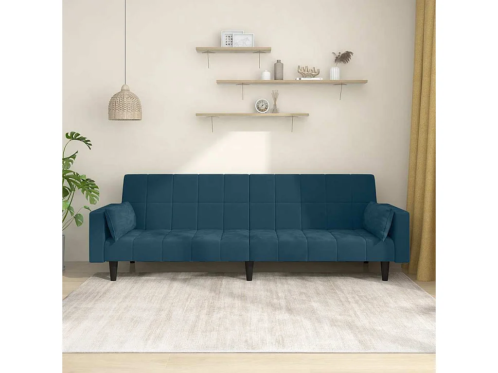 Canapé-lit à 2 places avec deux oreillers bleu velours