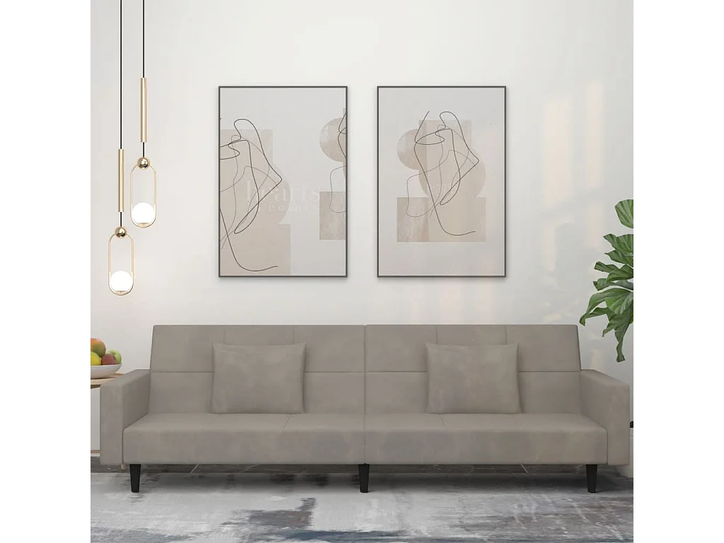 Sofá-cama 2 lugares com duas almofadas veludo cinzento-claro