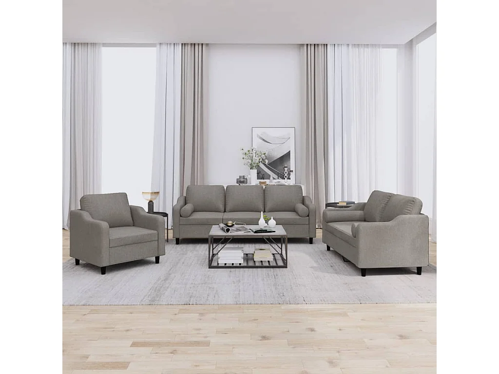 3 pcs conjunto de sofás com almofadas tecido cinza-acastanhado