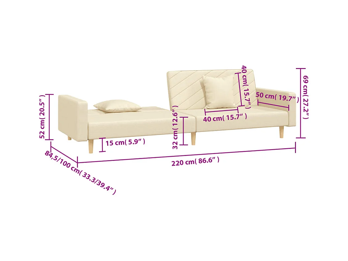 Sofá cama de 2 plazas con dos almohadas tela color crema