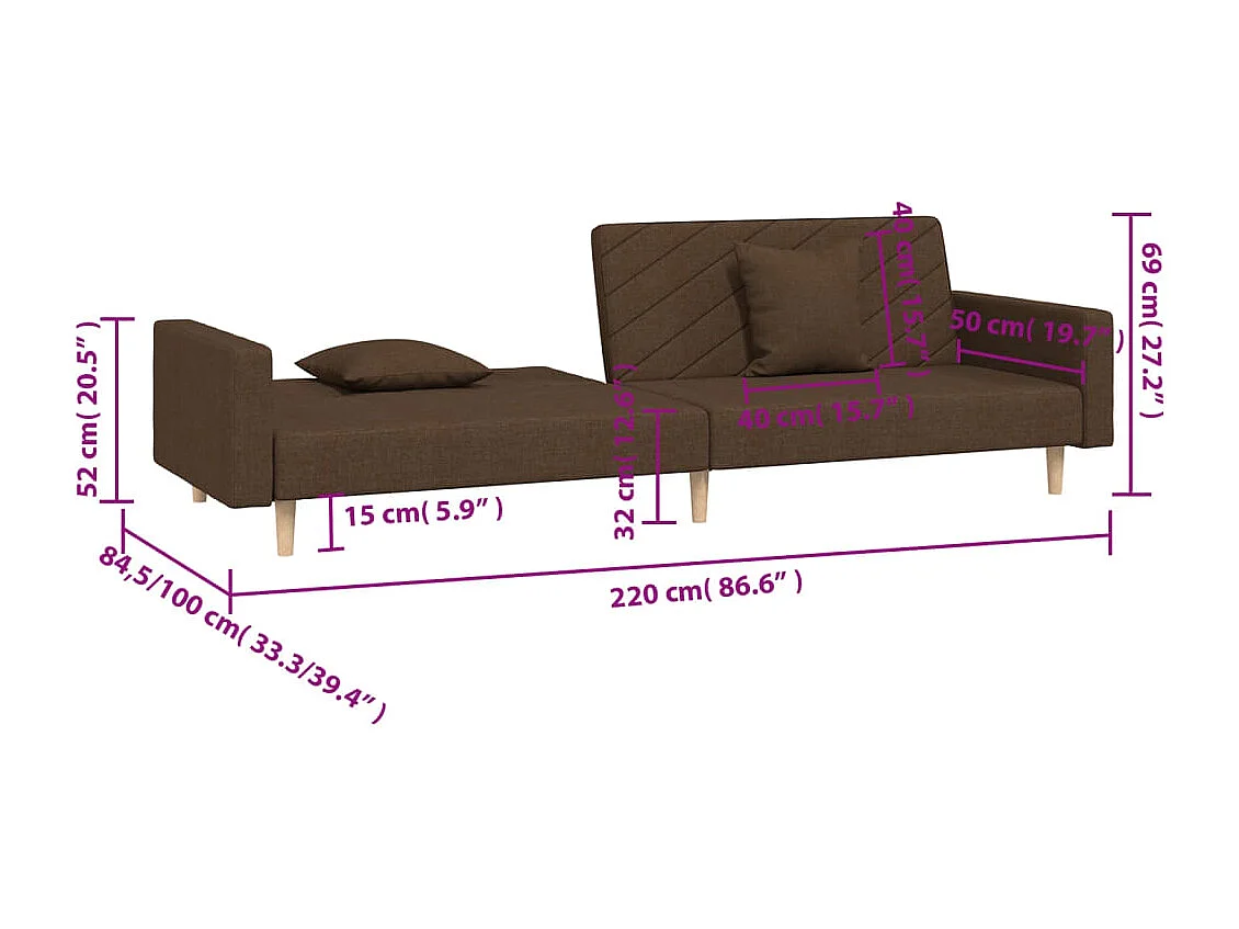 Canapé-lit à 2 places avec deux oreillers marron tissu