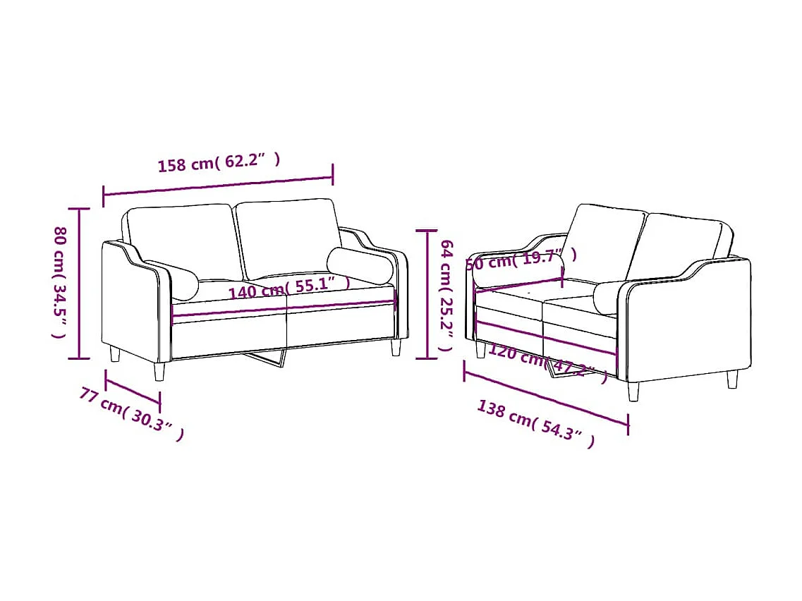 Ensemble de canapés 2 pcs avec coussins marron tissu